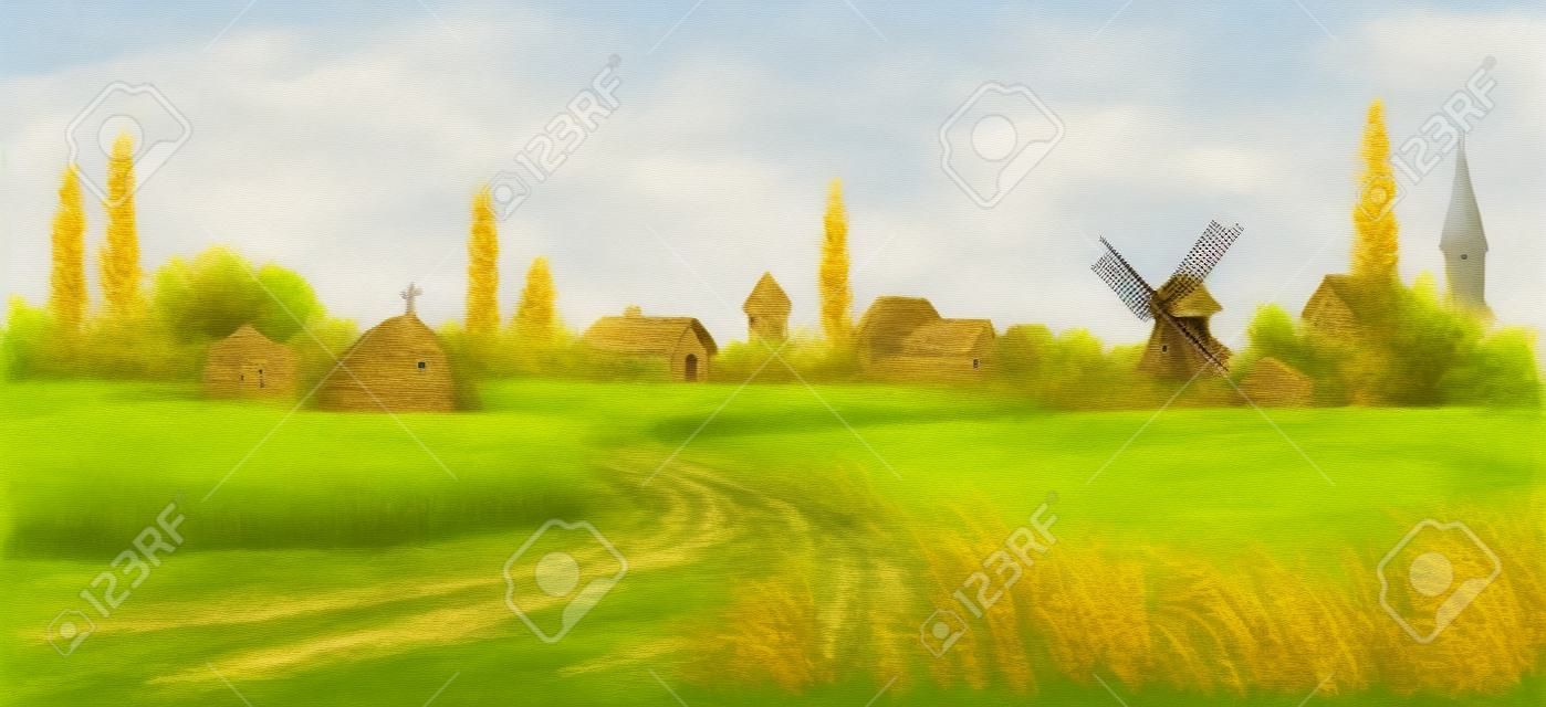Paesaggio estivo vettoriale. Un sentiero sterrato attraverso i campi di grano fino al vecchio mulino a vento vicino al paese
