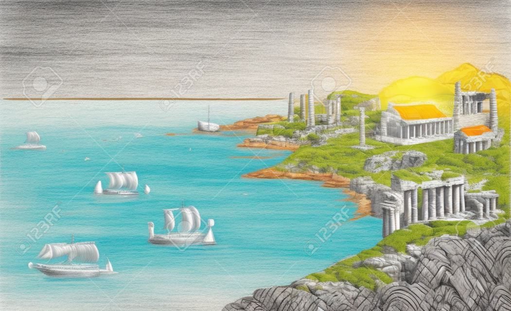 Rocky coast with tall cypress trees and ancient Greek buildings, which swim sailboats. Vector monochrome freehand drawn sketching background in style of antiquity pen on paper. Bird's eye view with space for text