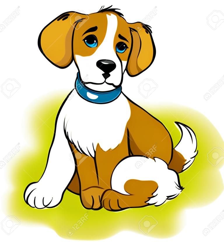 ベクトル描画。緑の草の上の遊び心のある子犬のベージュ色