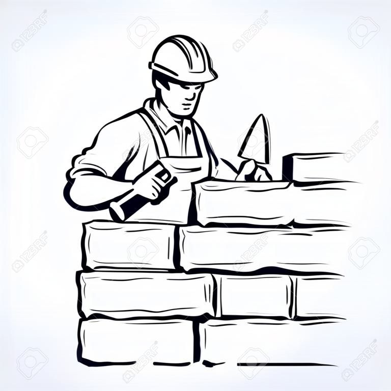 Repairman handyman guy build up new layer level on white background. Line black drawn craftsman stonemason skill diy labor icon sign sketch in retro art doodle cartoon style on paper space for text