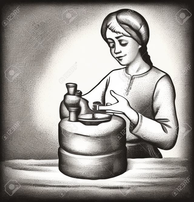 Girl grinds grain at millwheel with handle holder and hole filling seeds for processing into flour for cooking. Vector monochrome freehand linear ink drawn backdrop sketchy in art scribble antique style pen on paper with space for text on sky