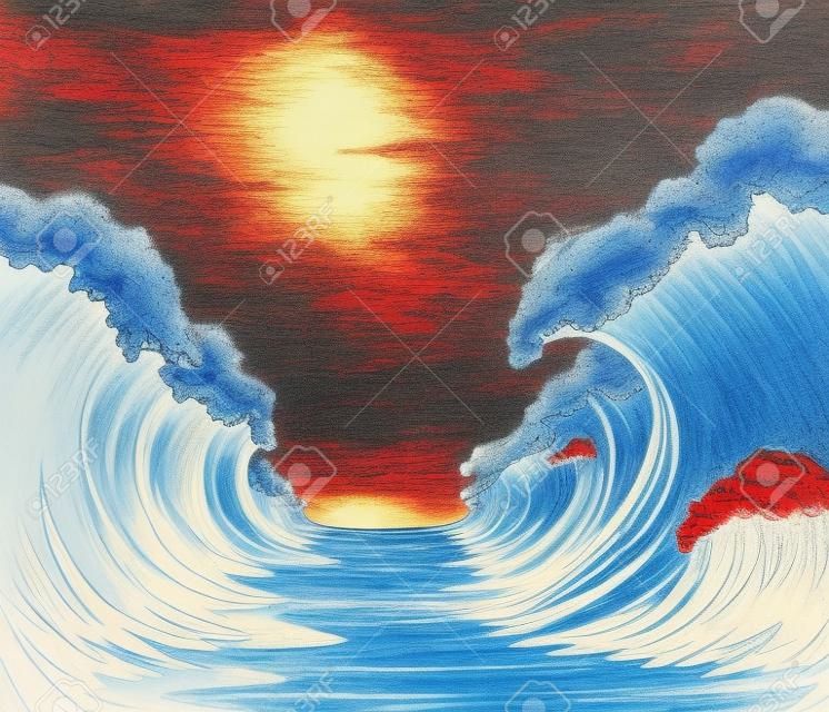 Israeli people escape old egyptian slavery scenic view. Blue sky text space. Vintage exodus art line hand drawn sketch. Big giant high power danger red egypt liquid surf tsunami separate wonder scene
