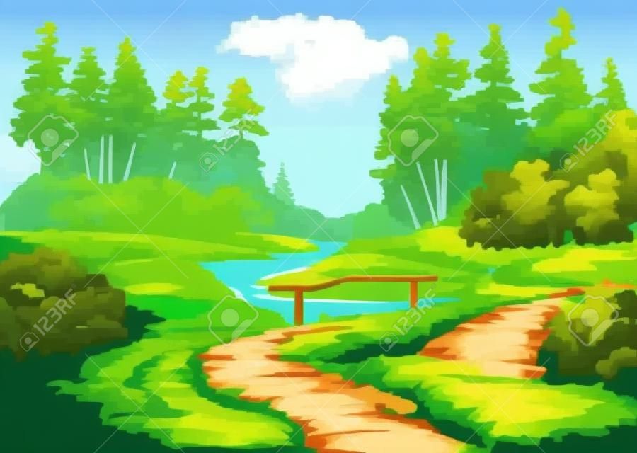Vector landscape. The path leading through with boards bridge over the creek, surrounded by summer meadow and pine forest