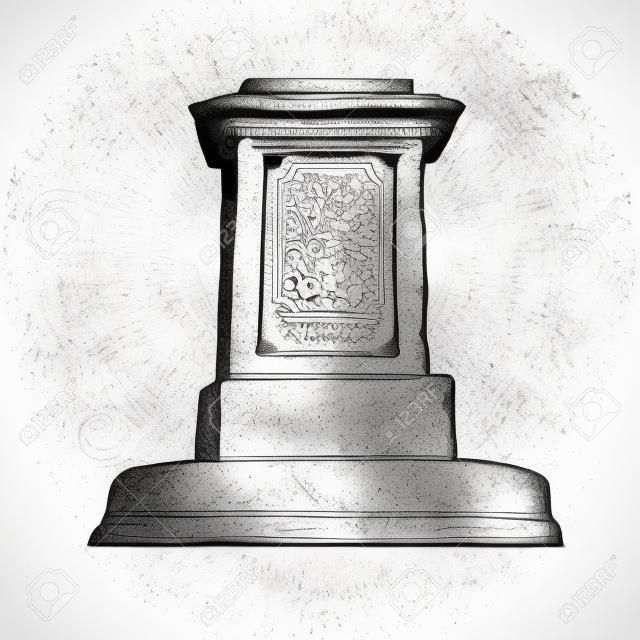 Majestueux socle de bloc de pylône sculpté grec en granit vieilli sur une base ornée de luxe isolée sur fond blanc. Esquisse de symbole dessiné à l'encre de contour à main levée dans le style doodle. Voir en gros plan avec un espace d'étiquette pour le texte