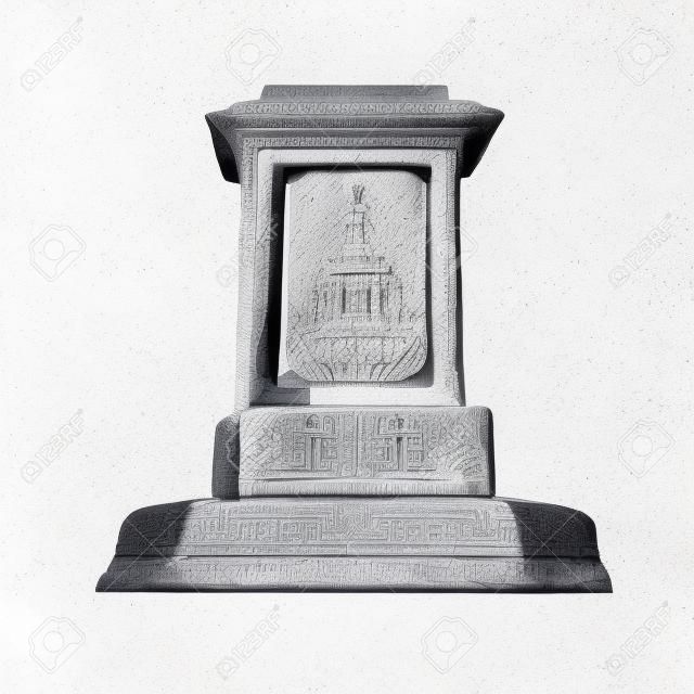 Majestic aged granite greek carved pylon block plinth on luxury ornate base isolated on white backdrop. Freehand outline ink drawn symbol sketch in doodle style. View closeup with label space for text
