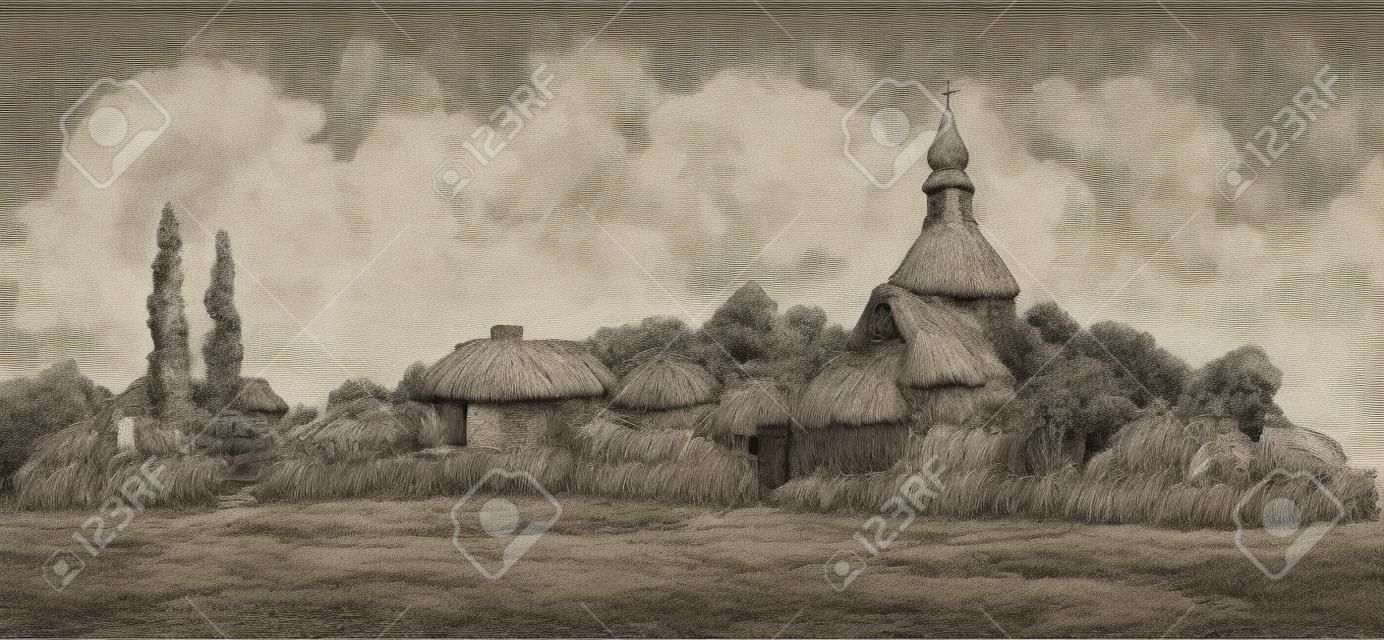 Antiguo pueblo ucraniano: cabaña de arcilla con techo de paja, iglesia de madera de pared de piedra. Fondo de dibujo dibujado a mano alzada monocromo vectorial en el estilo de la pluma de la antigüedad en el papel. Vista panorámica con espacio para texto en el cielo