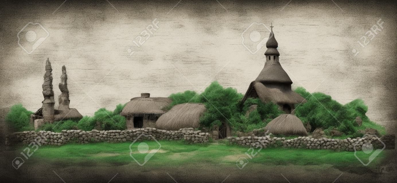 Old Ukrainian village: clay hut with a thatched roof, wooden church of stone wall. Vector monochrome freehand drawn sketching background in style of antiquity pen on paper. Panoramic view with space for text on sky