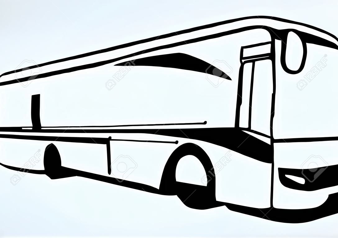 Large blank intercity charter school bus on light road text space. Outline black ink hand drawn school tire machine pictogram emblem design in art doodle print style on paper. Closeup side view