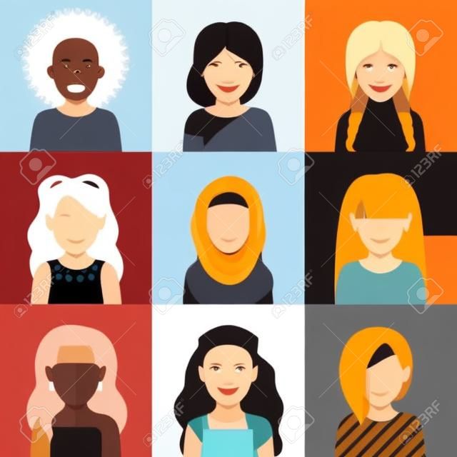 People icons set in flat style with faces. Vector avatars with women character