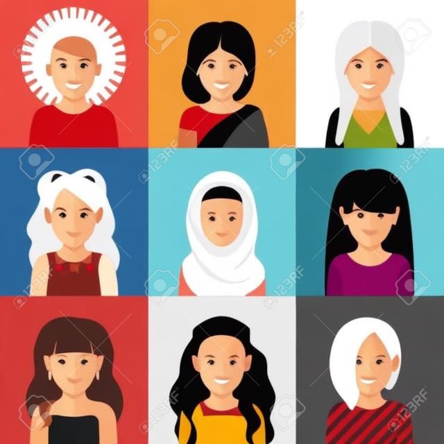 People icons set in flat style with faces. Vector avatars with women character