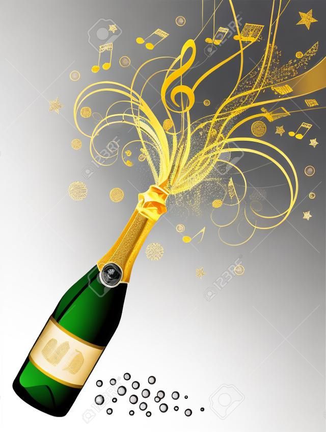 Illustration with a bottle of champagne and a decorative abstract composition 