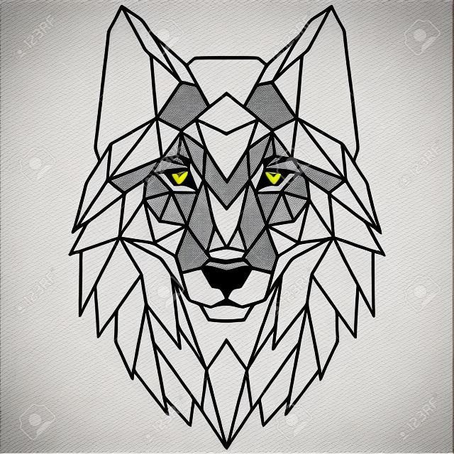 Icona della testa di lupo. Stile triangolare astratto. Contorno per tatuaggio, logo, emblema ed elemento di design. Schizzo disegnato a mano
