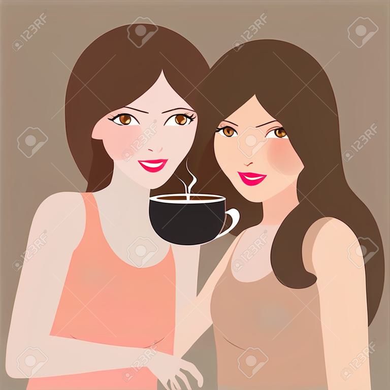 兩個年輕女孩在自助餐廳裡聊天，一起喝咖啡友誼