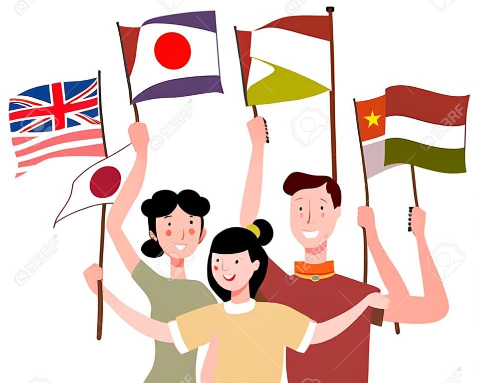 Collaboration between country concept people holding national flag white isolated background with flat cartoon style