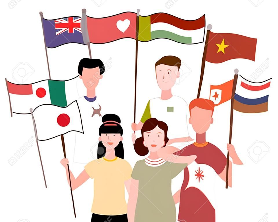 Collaboration between country concept people holding national flag white isolated background with flat cartoon style