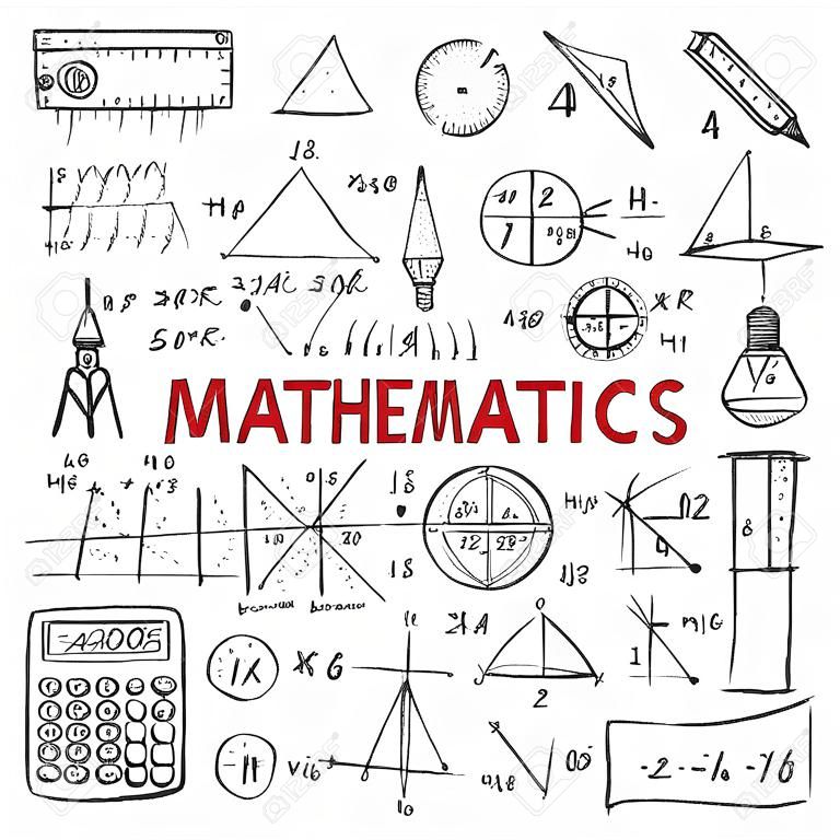 Set con formule matematiche disegnate a mano e altri elementi. Collezione di scienze. Illustrazione vettoriale scarabocchio