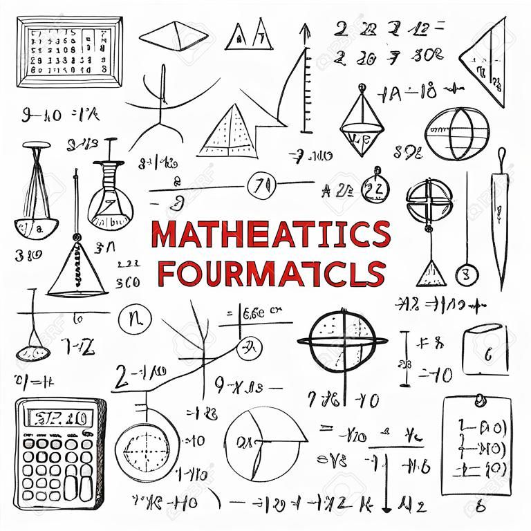 Set with hand drawn mathematics formulas and other elements. Science collection. Vector doodle illustration