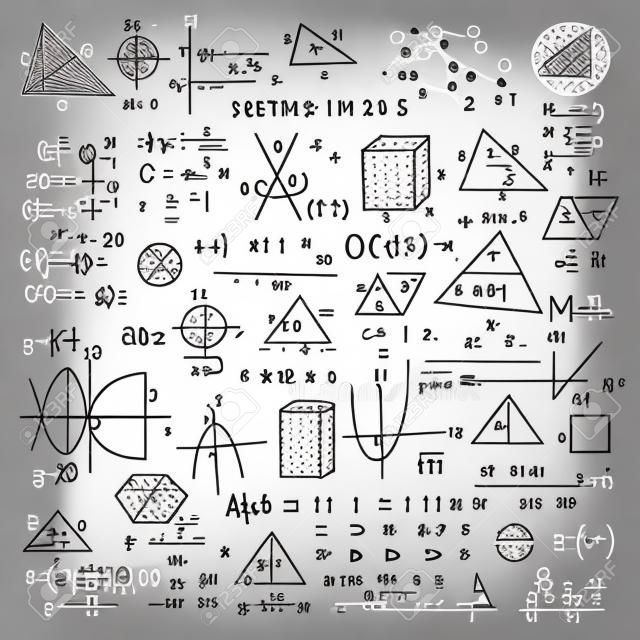 Set with hand drawn mathematics formulas and other elements. Science collection. Vector doodle illustration