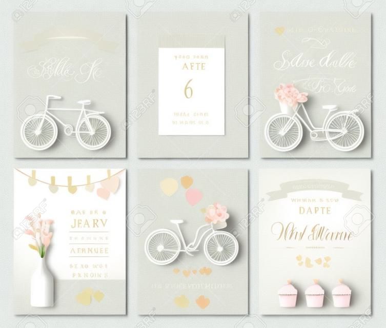 Collection of 6 cute card templates. Wedding, marriage, save the date, baby shower, bridal, birthday, Valentine's day. Stylish simple design. Vector illustration.