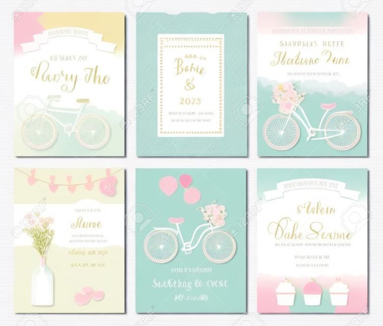 Collection of 6 cute card templates. Wedding, marriage, save the date, baby shower, bridal, birthday, Valentine's day. Stylish simple design. Vector illustration.