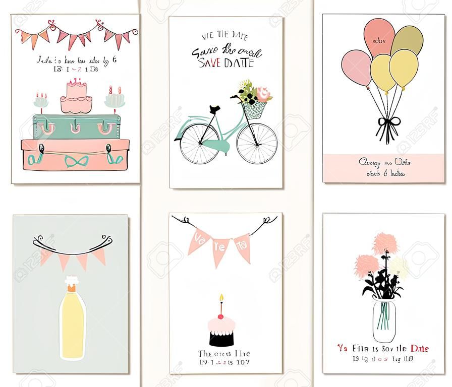 Colección de 6 tarjetas lindas. Boda, boda, ahorre la fecha, ducha bebé, nupcial, cumpleaños, día de San Valentín. Diseño simple con estilo. Ilustración del vector.