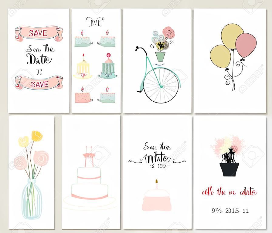 Colección de 6 tarjetas lindas. Boda, boda, ahorre la fecha, ducha bebé, nupcial, cumpleaños, día de San Valentín. Diseño simple con estilo. Ilustración del vector.