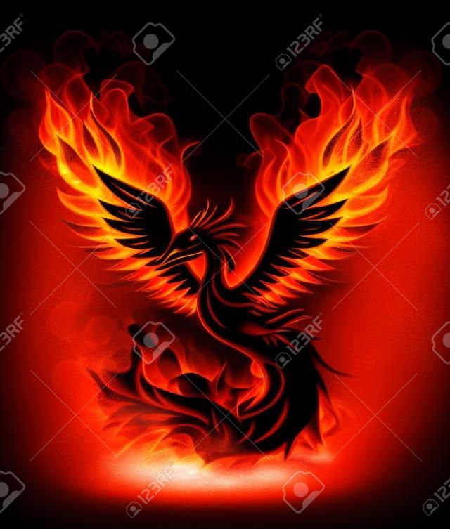 Illusztráció tűz égett Phoenix madár, fekete háttér