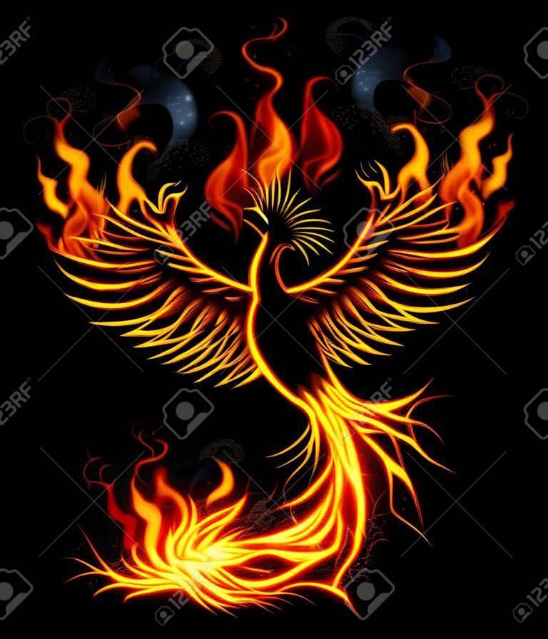 Illustration mit Feuer brannten Phoenix-Vogel mit schwarzem Hintergrund