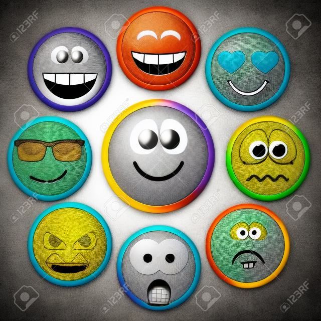 Set of different emotions, smiley faces expressing different feelings. Colored version