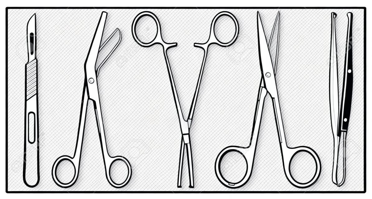 Vector illustration with outlines of Surgical Instrument. Scalpel, clamp, scissors, tweezers. Stylized drawing for your web site design, logo, app, UI. Isolated stock illustration on white background.
