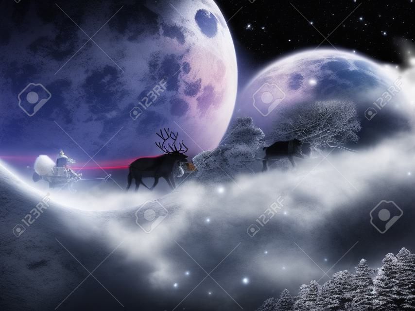 Weihnachtsmann bekommen einen zug auf ihre rentiere zu reiten. magie sankt schlitten fliegen über weihnachten märchenwald auf dem hintergrund der großen mond.