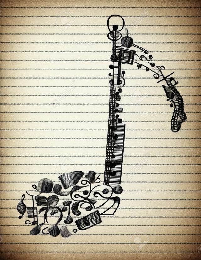 Selection of music doodles on lined paper shaped like a musical note. 