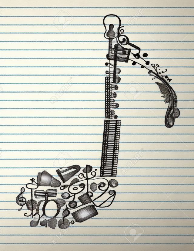 WybÃ³r muzyki doodles na papierze podszyciem ksztaÅ‚cie nutÄ™.