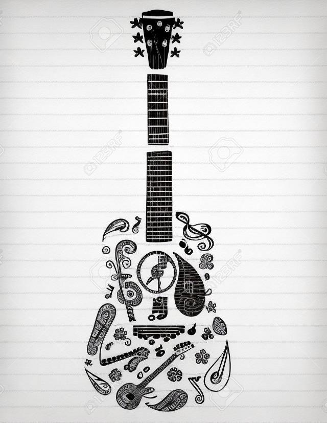 Selection of hand drawn music doodles make up this guitar, on lined paper with room for text. 