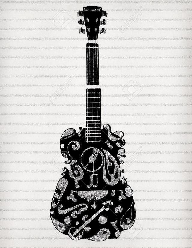 Selection of hand drawn music doodles make up this guitar, on lined paper with room for text. 