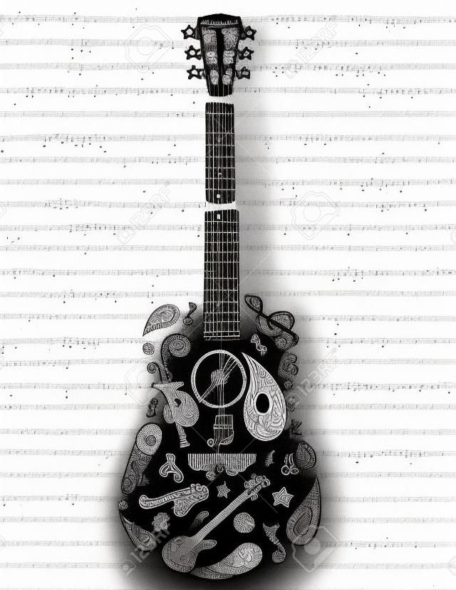 手描きの音楽いたずら書きの選択テキストのための部屋を持つ罫線入り用紙でこのギターを作る。