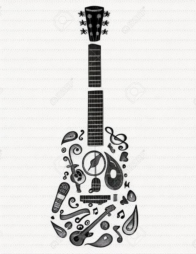 Гитара на линованной бумаге с местом для текста. Нарисованные от руки музыкальные каракули составляют эту гитару.