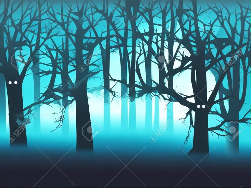 Ilustración abstracta del bosque de niebla fantasmal en la noche de Halloween