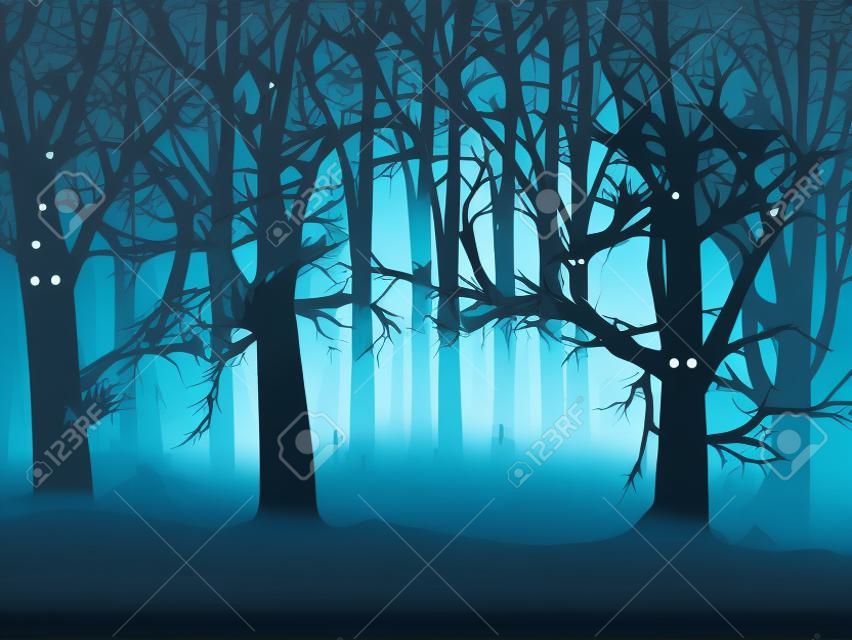 Ilustración abstracta del bosque de niebla fantasmal en la noche de Halloween