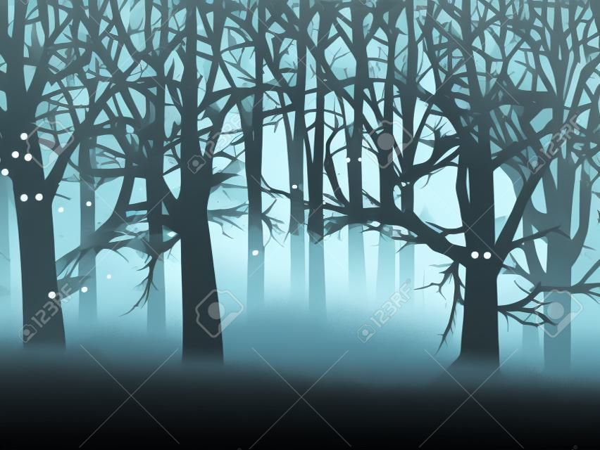 Abstracte illustratie van spookachtig mistig bos bij halloween nacht