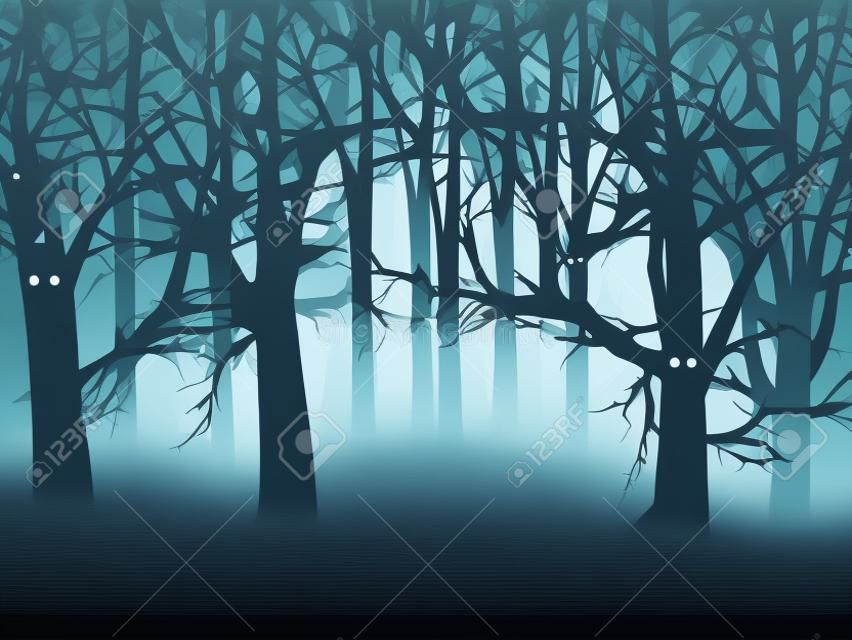 Abstracte illustratie van spookachtig mistig bos bij halloween nacht