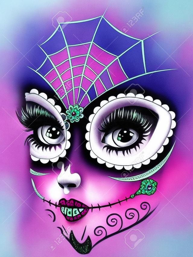 Zucker Schädel Mädchen das Gesicht mit Make-up für Tag der Toten (Dia de Los Muertos).