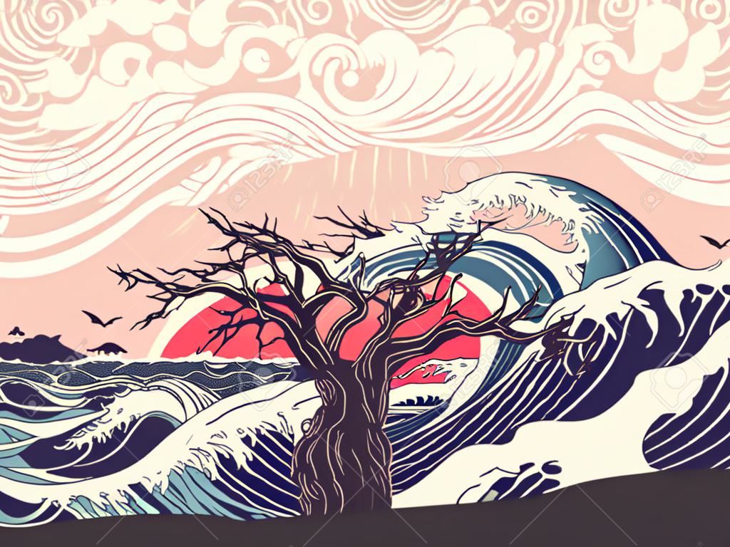 Stylizowane drzewo i wzburzony ocean lub morze o zachodzie słońca, projekt plakatu artystycznego.