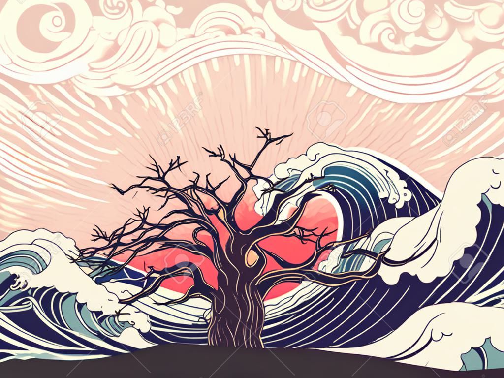 Stylizowane drzewo i wzburzony ocean lub morze o zachodzie słońca, projekt plakatu artystycznego.