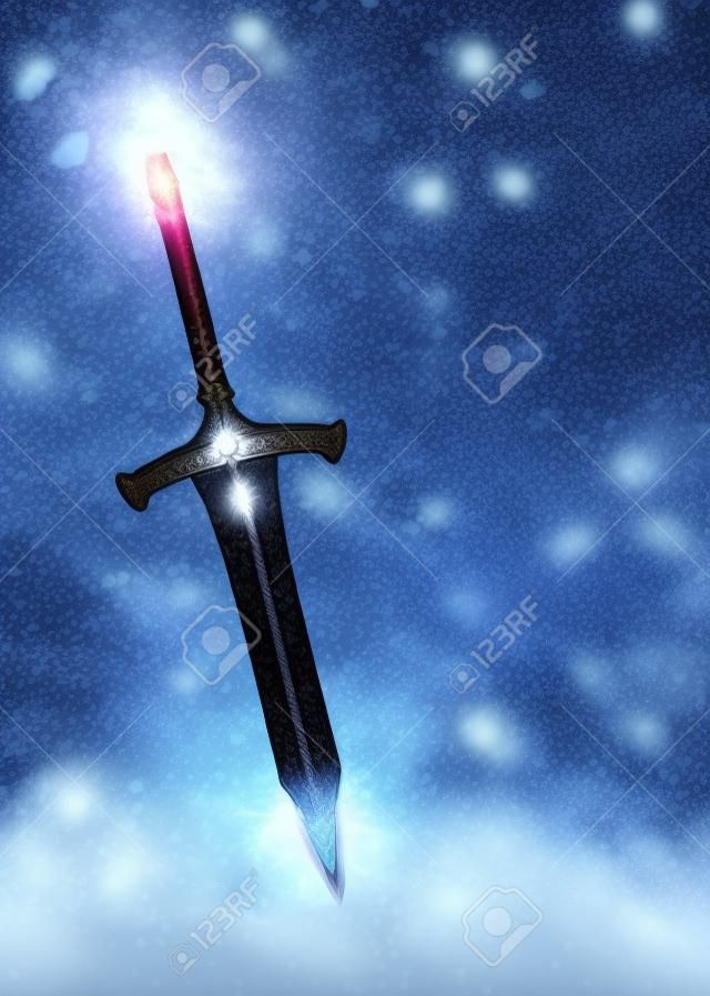 Medieval weapon 3d rendered sword surrounded by the falling snow, fantasy themed illustration.