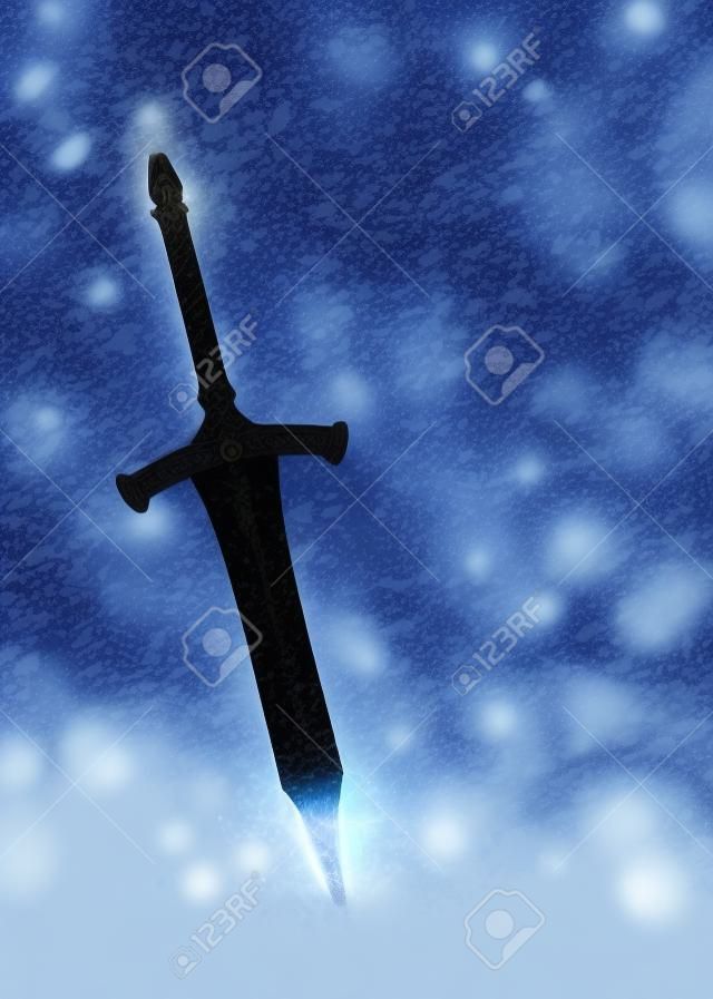 Medieval weapon 3d rendered sword surrounded by the falling snow, fantasy themed illustration.