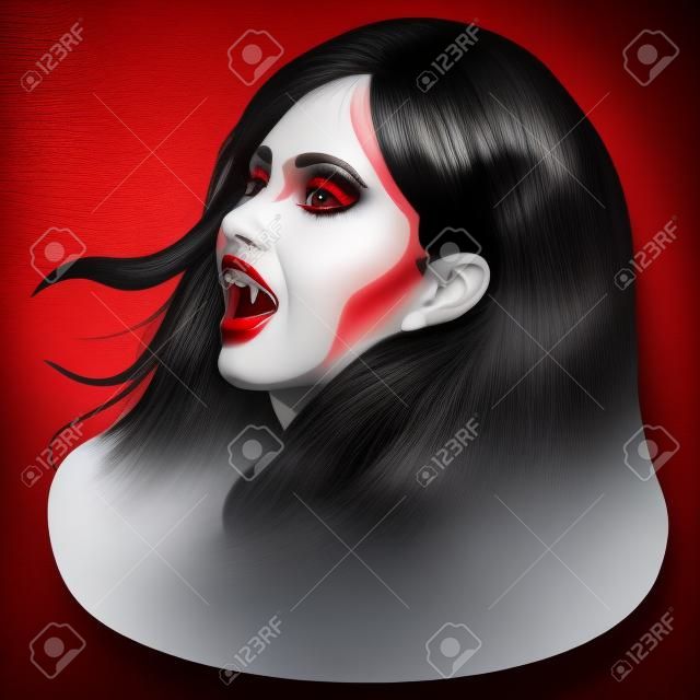 Porträt einer Vampirfrau mit roten Augen und Lippen, schwarzes Haar.