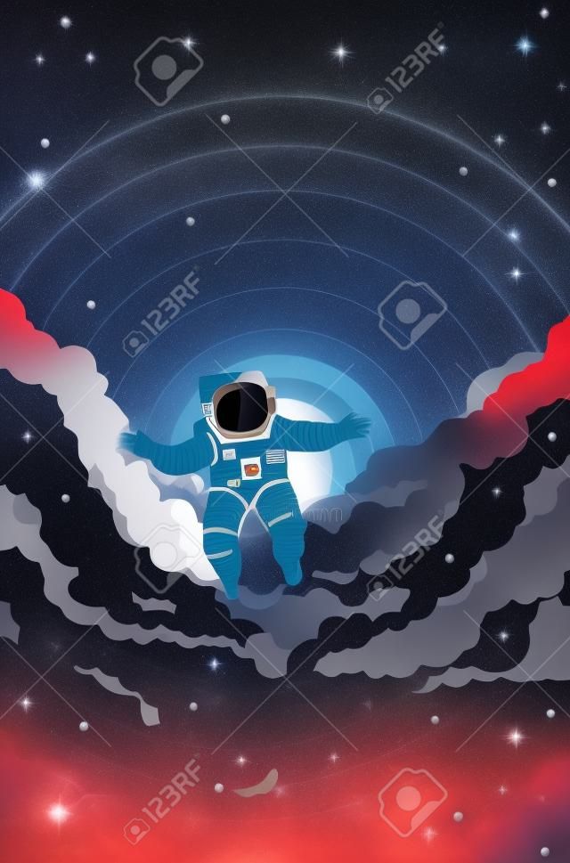 Astronaut flying in the space with outstretched arms, abstract illustration.