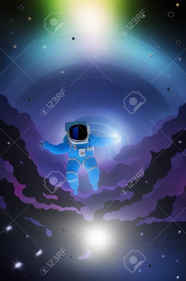 Astronaut flying in the space with outstretched arms, abstract illustration.
