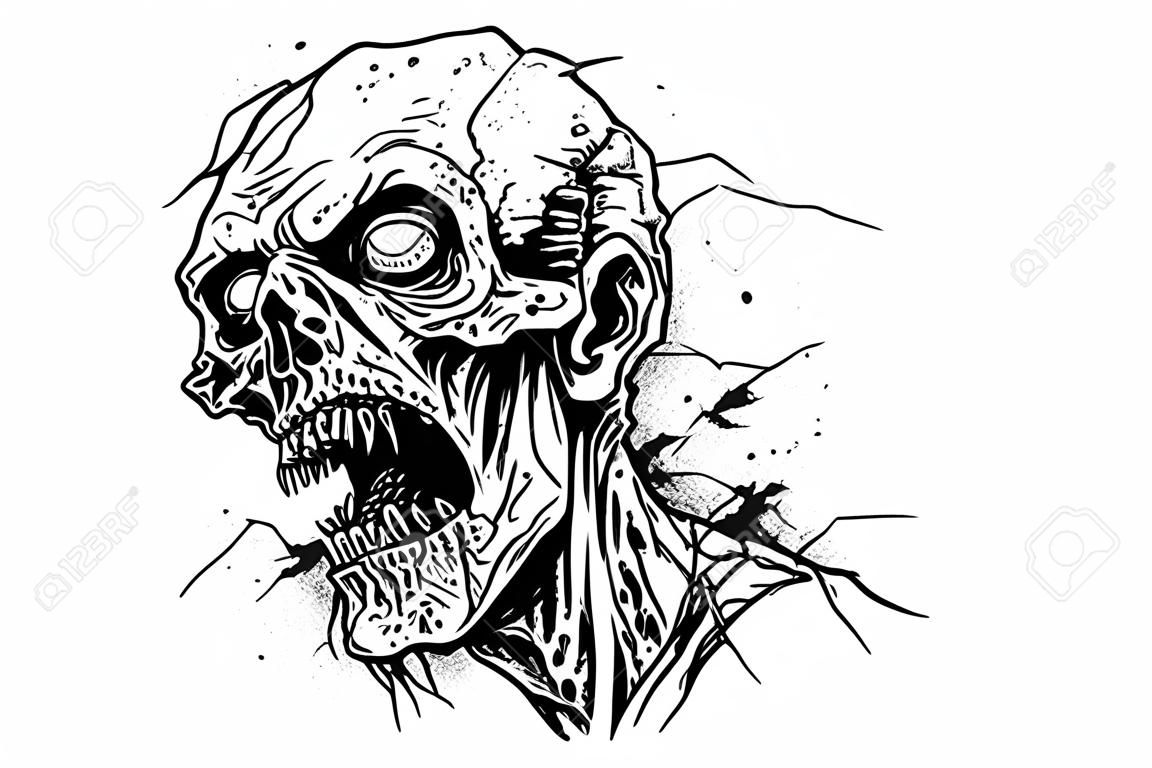 Zombie head or face ink sketch. Walking dead hand drawing vector illustration.
